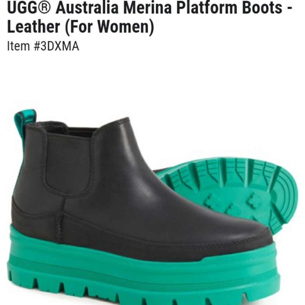 NIB UGG AUSTRALIAN MERINA BLACK 🖤 LEATHER PLATFORM BOOTS 💚Sz. 10🍃